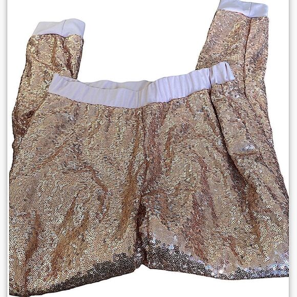 Rose gold, micro sequin, joggers, contrasting cuff, size small. Side pockets - Picture 1 of 9